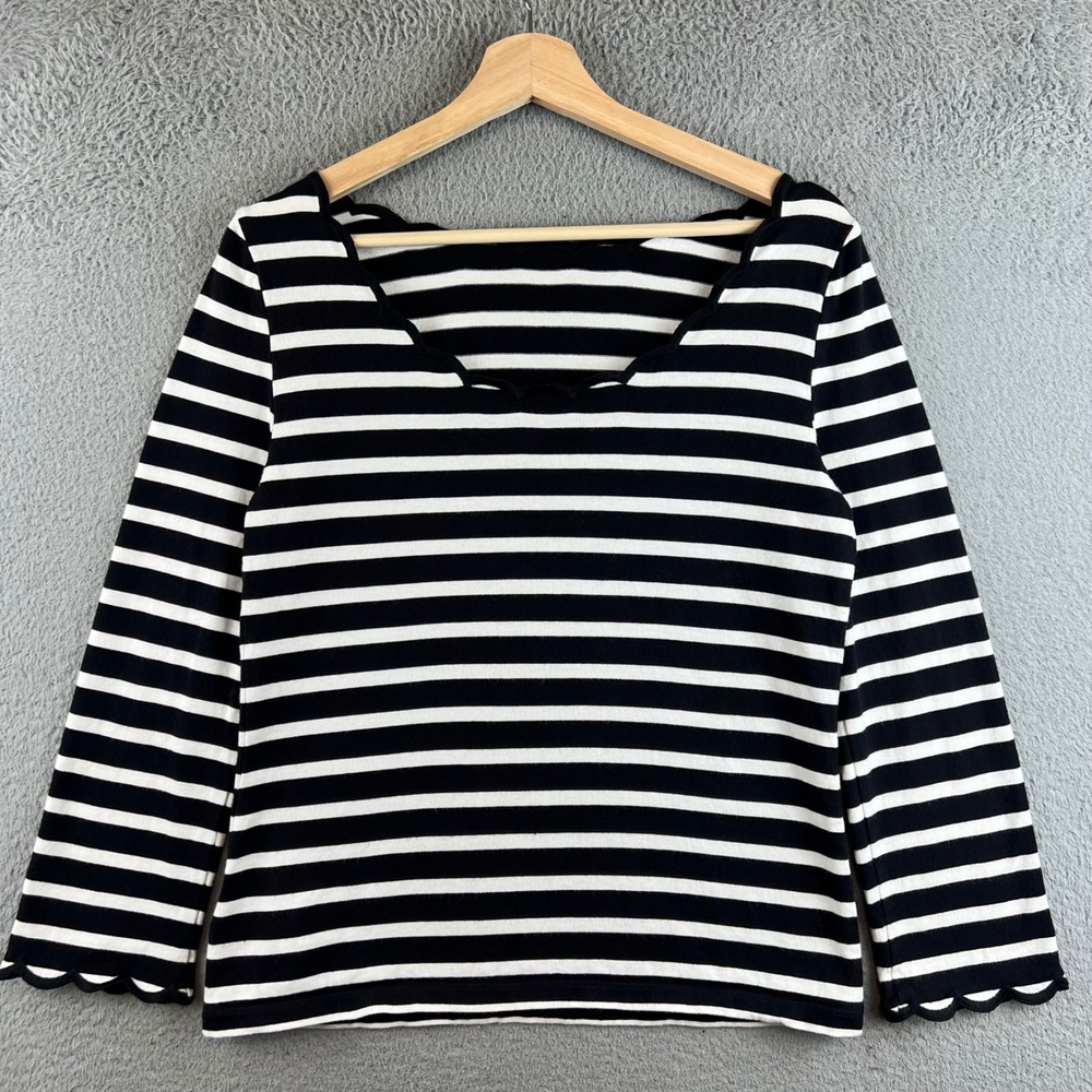 Kate Spade Black White Striped Scalloped Neck Long Sleeve Cotton Top Nautical T